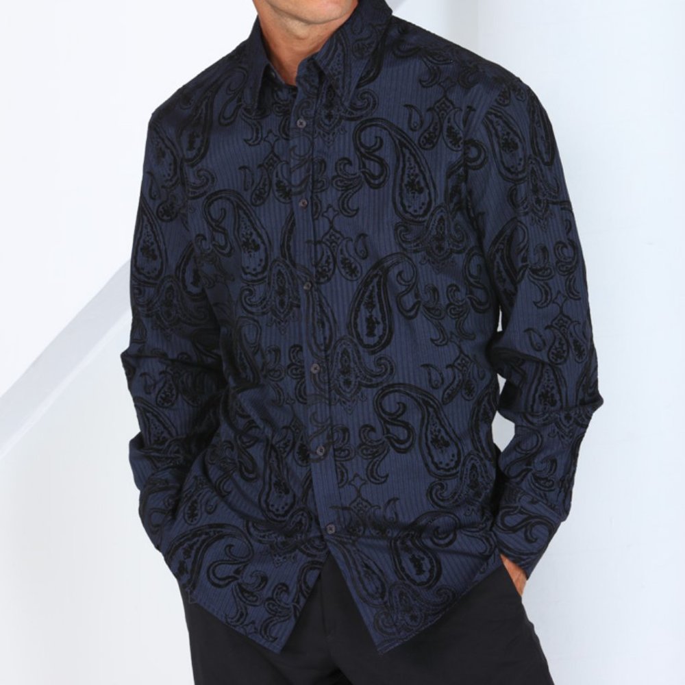 Navy Dress Shirt with Flocked Paisley Patt…